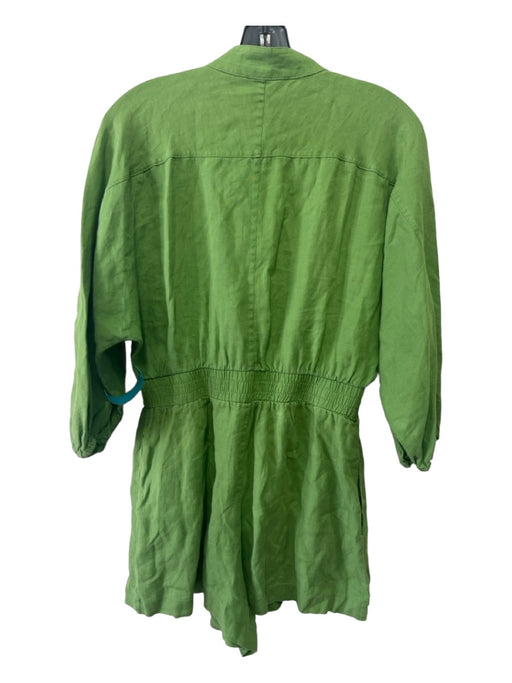 MNG Size M Green Linen Long Balloon Sleeve Button Up Belted Romper Green / M