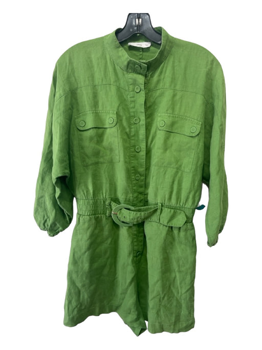 MNG Size M Green Linen Long Balloon Sleeve Button Up Belted Romper Green / M