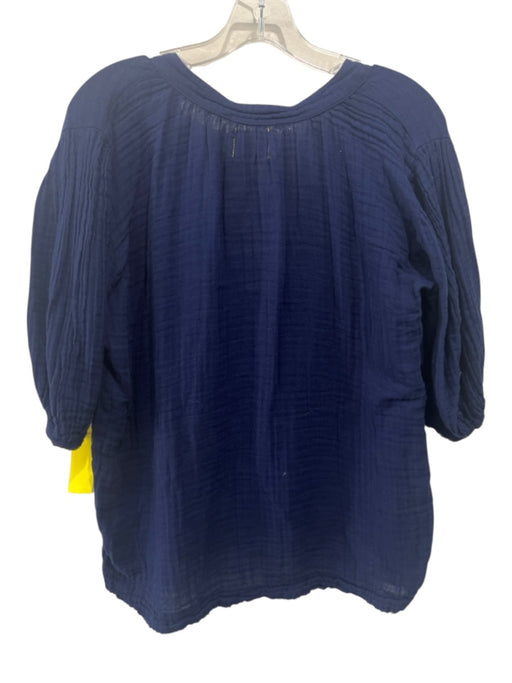 9seed Size P/S Navy Blue Cotton Gauze Short Sleeve V Neck Raw Hem Top Navy Blue / P/S