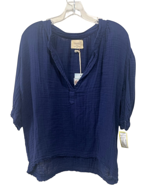 9seed Size P/S Navy Blue Cotton Gauze Short Sleeve V Neck Raw Hem Top Navy Blue / P/S