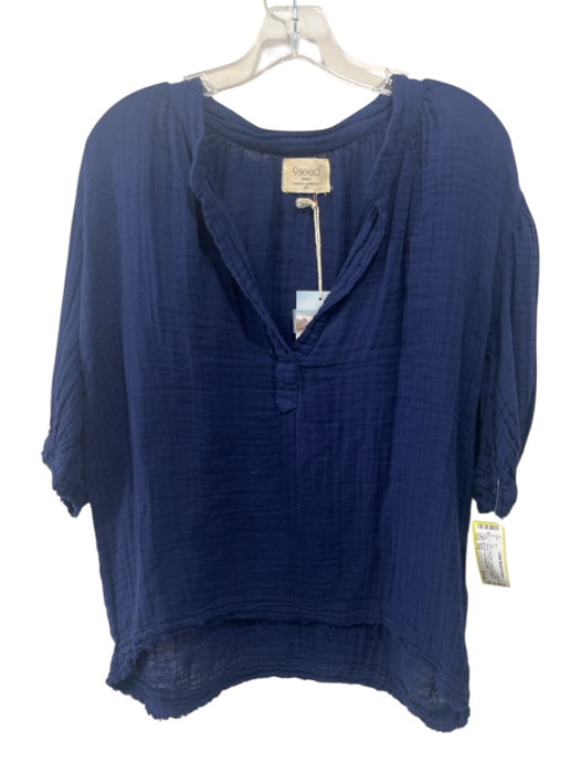 9seed Size P/S Navy Blue Cotton Gauze Short Sleeve V Neck Raw Hem Top Navy Blue / P/S