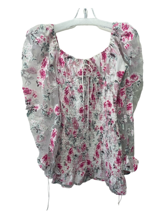 For Love & Lemons Size M White, Pink, Teal Viscose Floral Sheer Sleeve Dress White, Pink, Teal / M