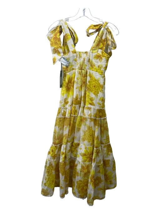 Alemais Size 0 Yellow & Cream Linen Floral Tie Straps Tiered Dress Yellow & Cream / 0