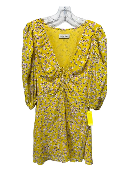 Nicholas Size 0 Yellow, Pink, Multi Print Viscose Puff 3/4 Sleeve V Neck Dress Yellow, Pink, Multi Print / 0