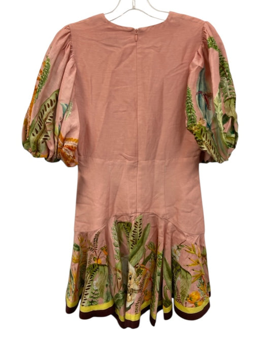 Alemais Size 6 Pink & Multi Flax Blend Botanical 1/2 Puff Sleeve V Neck Dress Pink & Multi / 6