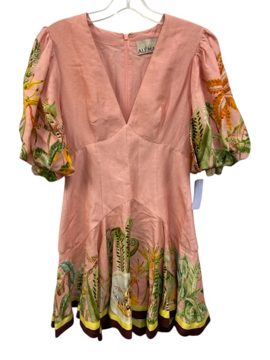 Alemais Size 6 Pink & Multi Flax Blend Botanical 1/2 Puff Sleeve V Neck Dress Pink & Multi / 6