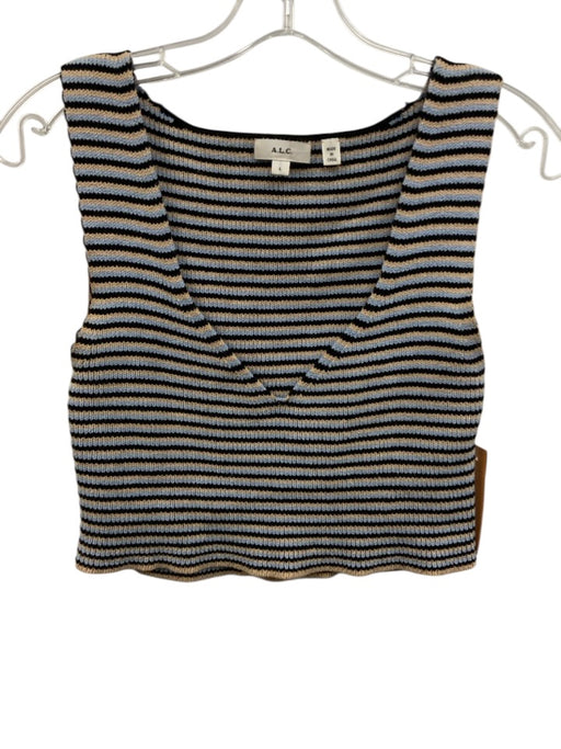 A.L.C. Size L Blue, Black, Beige Cotton Blend Knit Stripe Crop Short Set Blue, Black, Beige / L