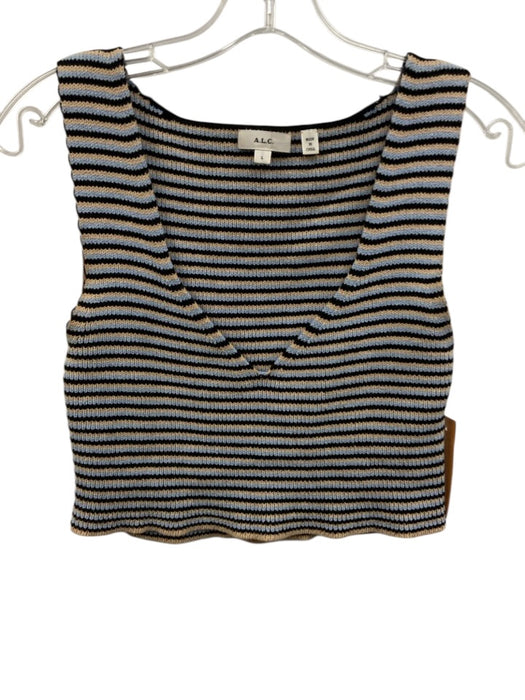 A.L.C. Size L Blue, Black, Beige Cotton Blend Knit Stripe Crop Short Set Blue, Black, Beige / L