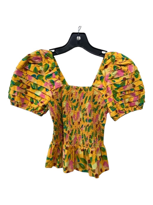 Farm Rio Size S Yellow Pink Green Cotton Floral Square Neck Smocked Top Yellow Pink Green / S