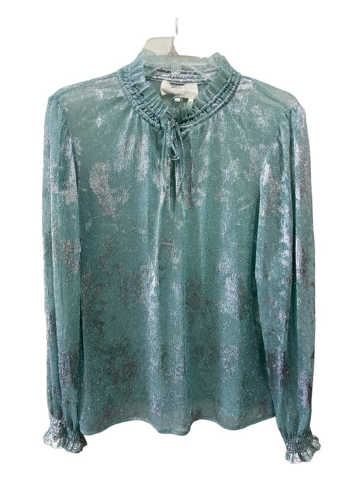 Ba&sh Size M Blue & Silver Ruffle Neck Long Sleeve Sheer Metallic Thread Top Blue & Silver / M