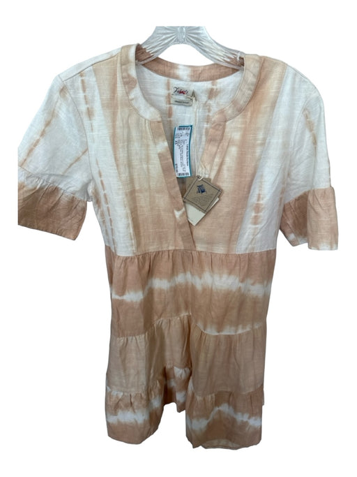 Faherty Size XS Tan & White Organic Cotton Short Sleeve Tie Dye Split Neck Dress Tan & White / XS