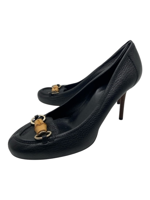 Gucci Shoe Size 40 Black Leather Bamboo Horsebit Heel Round Toe Pumps Black / 40