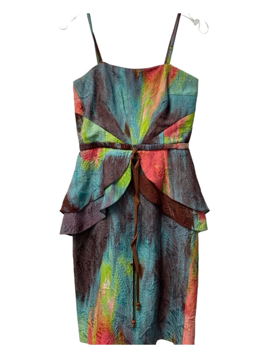 Tracy Reese Size 2 Multi Silk Spaghetti Strap Abstract Back Zip Tie Detail Dress Multi / 2