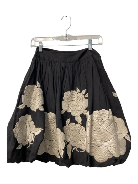 Tibi Size 4 Black & Cream Cotton Zip Floral Pleated Knee length Skirt Black & Cream / 4