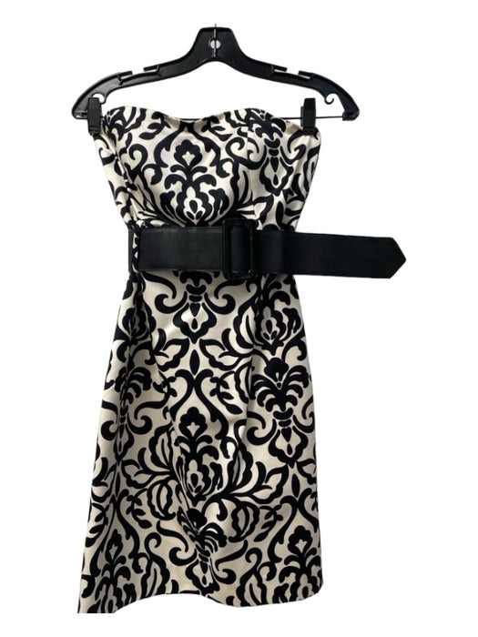 Milly Size 2 Cream & Black Cotton Strapless Belted Abstract Knee length Dress Cream & Black / 2