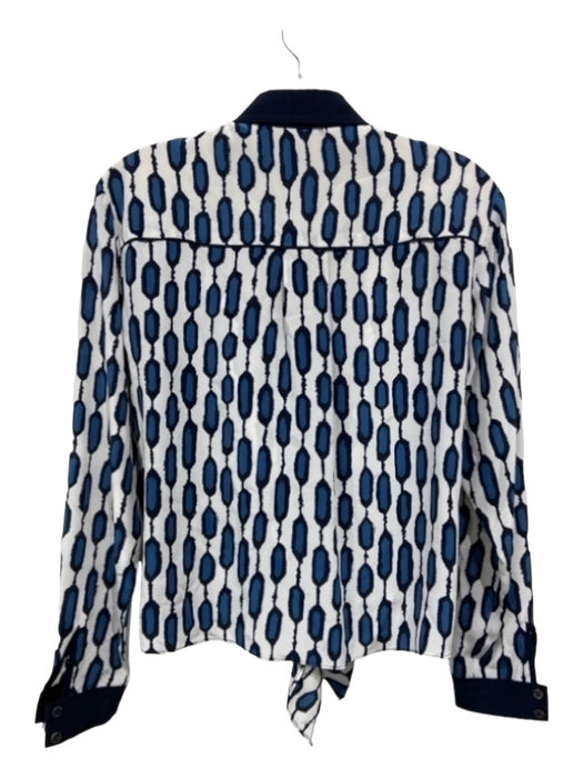 Trina Turk Size P Blue & White Silk Geometric Collared Button Up Long Sleeve Top Blue & White / P