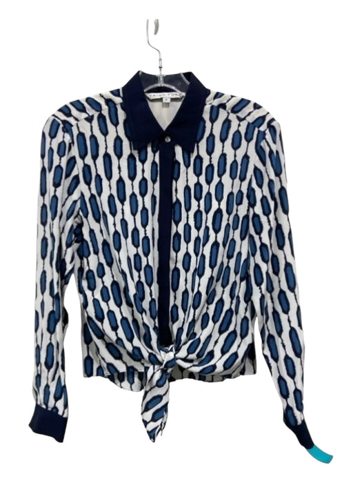 Trina Turk Size P Blue & White Silk Geometric Collared Button Up Long Sleeve Top Blue & White / P