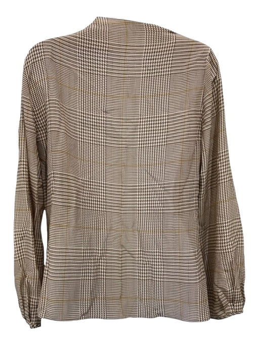 Carolina Herrera Size 10 Beige & Brown Silk Houndstooth Tie Neck Long Sleeve Top Beige & Brown / 10