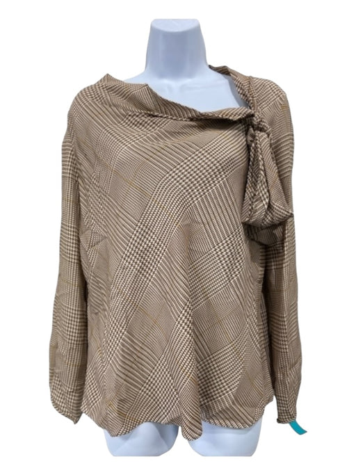 Carolina Herrera Size 10 Beige & Brown Silk Houndstooth Tie Neck Long Sleeve Top Beige & Brown / 10