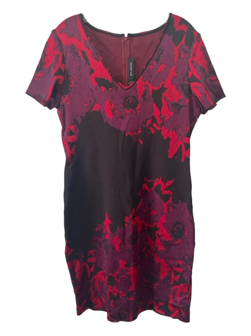 St John Size 8 Black & Red Wool Blend Floral V Neck Cap Sleeve Below knee Dress Black & Red / 8