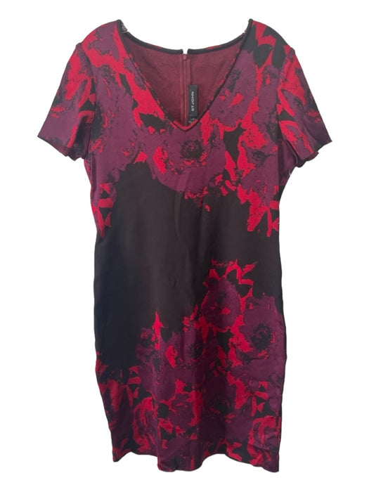 St John Size 8 Black & Red Wool Blend Floral V Neck Cap Sleeve Below knee Dress Black & Red / 8