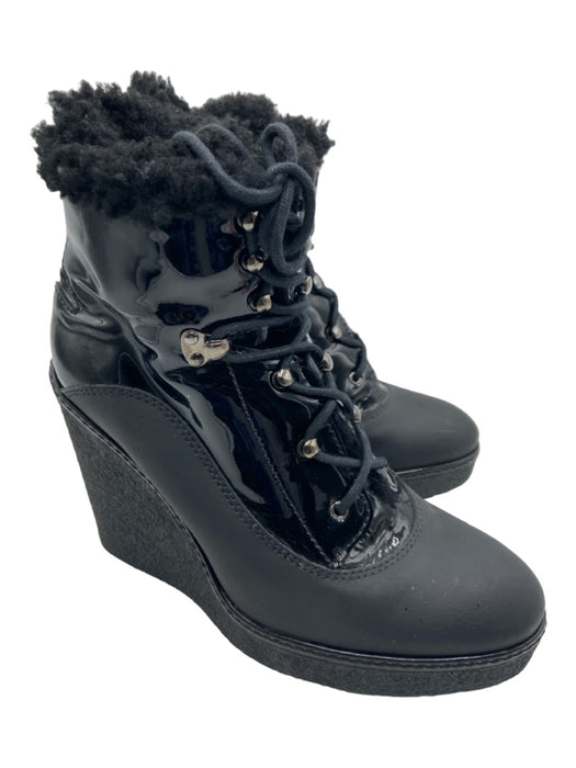 Moncler Shoe Size 39 Black Patent Fur lined lace up Wedge Side Zip Booties Black / 39