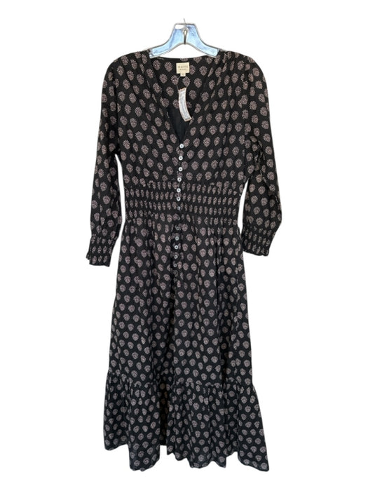 Marea Size M Black & Tan Cotton Long Sleeve Flowers Buttons Smocked Waist Dress Black & Tan / M