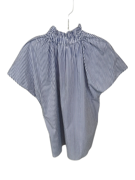 Pomander Place Size S White & Blue Cotton Cap Sleeve Striped Ruffle collar Top White & Blue / S