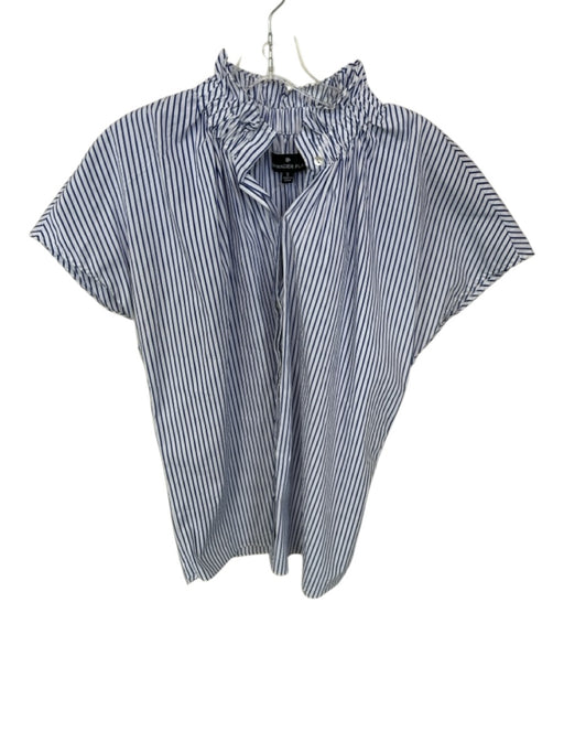 Pomander Place Size S White & Blue Cotton Cap Sleeve Striped Ruffle collar Top White & Blue / S