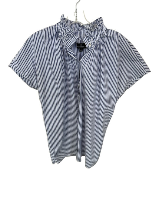 Pomander Place Size S White & Blue Cotton Cap Sleeve Striped Ruffle collar Top White & Blue / S