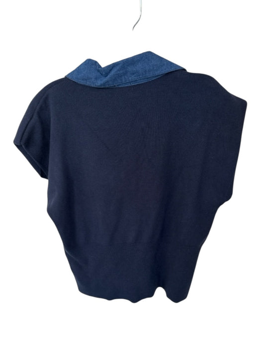 Maeve Size L Navy Viscose Blend Cap Sleeve Denim Detail Ribbed Buttons Top Navy / L