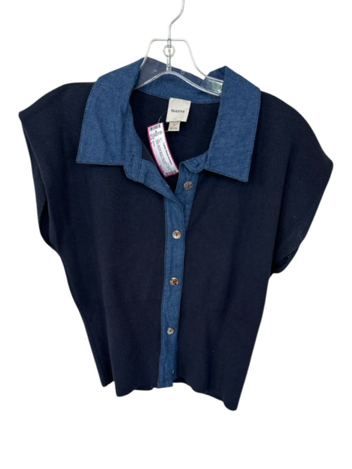 Maeve Size L Navy Viscose Blend Cap Sleeve Denim Detail Ribbed Buttons Top Navy / L