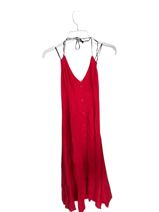 LUMIERE Size S Red & Black Cotton Halter Neck Textured Button Down Maxi Dress Red & Black / S