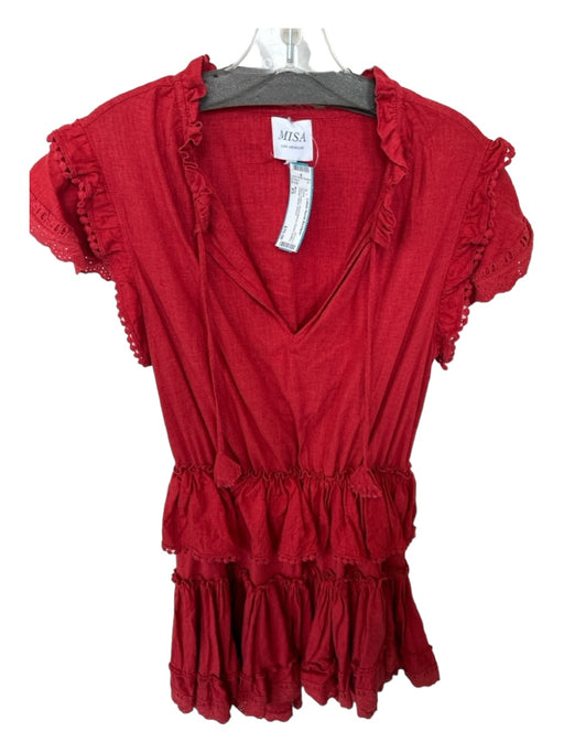 Misa Size XS Red Cotton Short Sleeve Eyelet Ruffles Elastic Waist Dress Red / XS