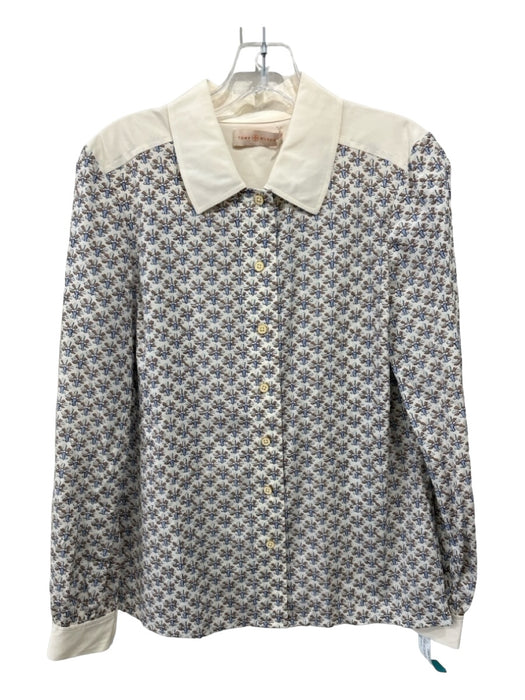 Tory Burch Size 4 Beige Blue Brown Silk Blend Collared Button Up Long Sleeve Top Beige Blue Brown / 4