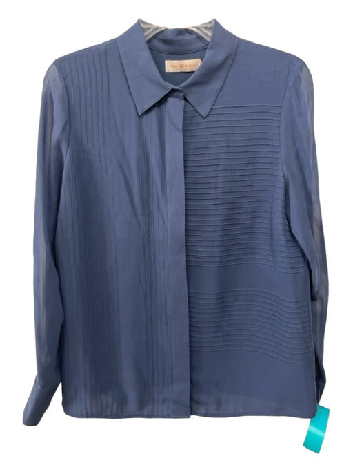 Tory Burch Size 4 Slate Blue Silk Pintuck Collared Button Up Long Sleeve Top Slate Blue / 4