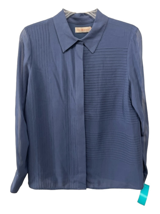 Tory Burch Size 4 Slate Blue Silk Pintuck Collared Button Up Long Sleeve Top Slate Blue / 4