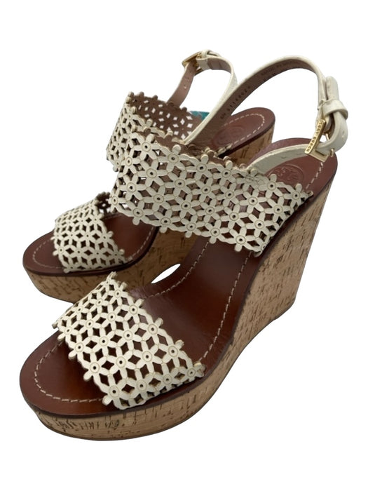 Tory Burch Shoe Size 6.5 White & Brown Leather Laser Cut Floral Platform Wedges White & Brown / 6.5