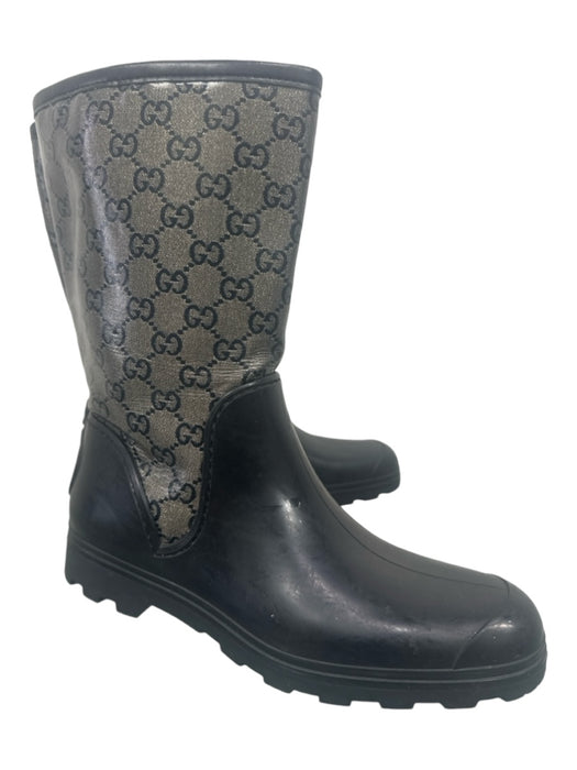 Gucci Shoe Size 38 Black & Gold Rubber Guccissima Calf Rain Boot Boots Black & Gold / 38