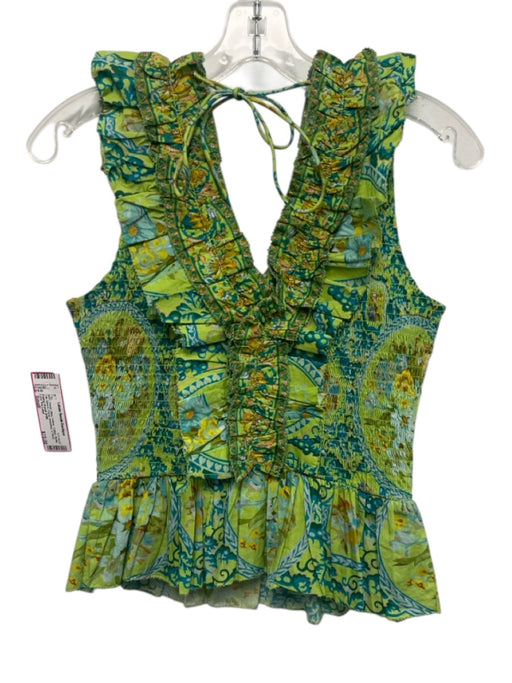 Love The Label Size Small Green, Blue, Yellow Cotton Ruffle Cap Sleeve Top Green, Blue, Yellow / Small