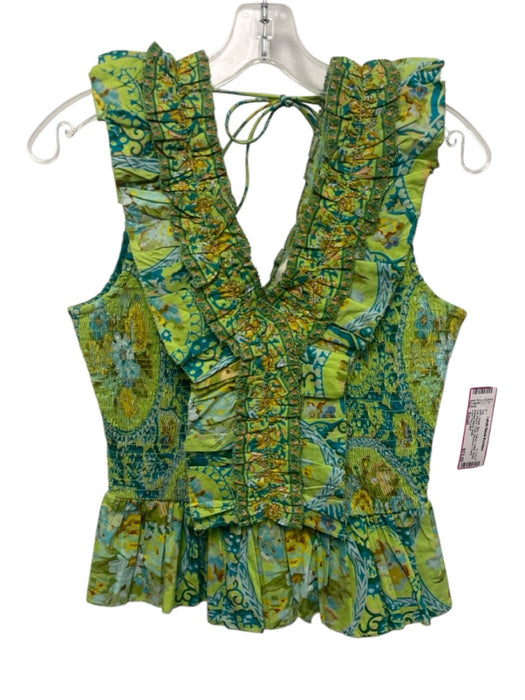 Love The Label Size Small Green, Blue, Yellow Cotton Ruffle Cap Sleeve Top Green, Blue, Yellow / Small
