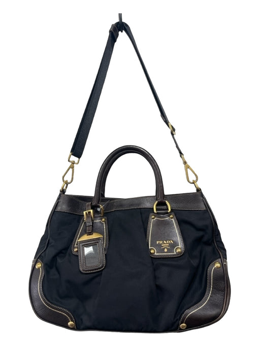 Prada Black & Brown Nylon & Leather Double Top Handle Shoulder Gold Hardware Bag Black & Brown / S