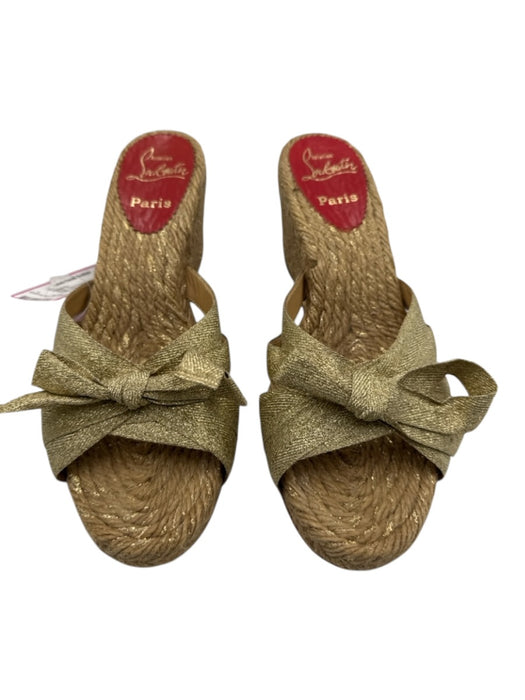 Christian Louboutin Shoe Size 39 Gold, Beige, Red Raffia Ribbon Wedge Espadrille Gold, Beige, Red / 39
