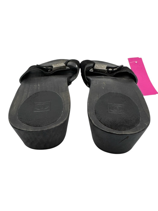 Chanel Shoe Size 38 Black Leather & Wood Silver Hardware Logo Mule Wedge Sandals Black / 38