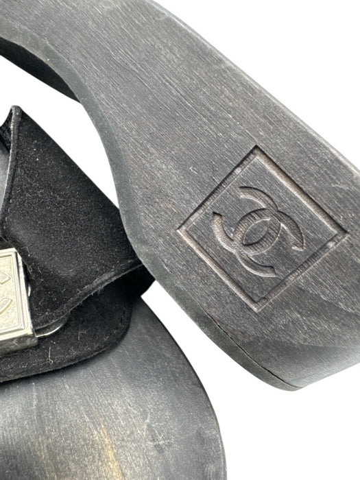 Chanel Shoe Size 38 Black Leather & Wood Silver Hardware Logo Mule Wedge Sandals Black / 38