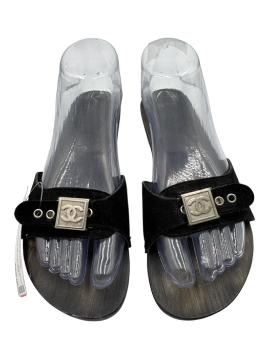 Chanel Shoe Size 38 Black Leather & Wood Silver Hardware Logo Mule Wedge Sandals Black / 38