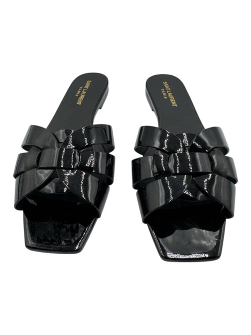 Saint Laurent Shoe Size 38 Black Patent Leather Square Toe Woven Cut Out Sandals Black / 38