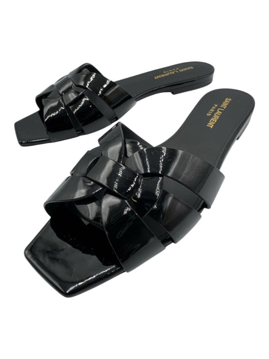 Saint Laurent Shoe Size 38 Black Patent Leather Square Toe Woven Cut Out Sandals Black / 38