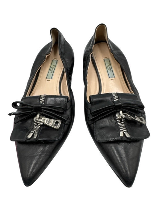 Prada Shoe Size 38 Black Leather Pointed Toe Bow Detail Zip Detail scrunch Flats Black / 38