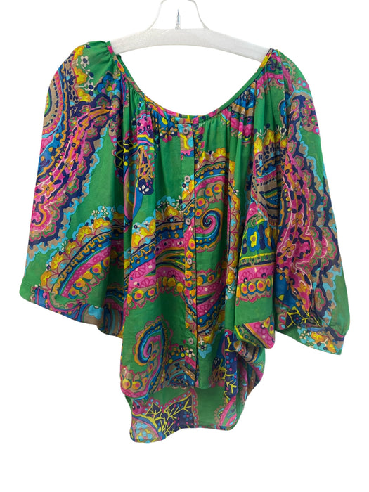 Trina Turk Size M Green & Multi Silk & Cotton Long Sleeve Abstract Print Top Green & Multi / M
